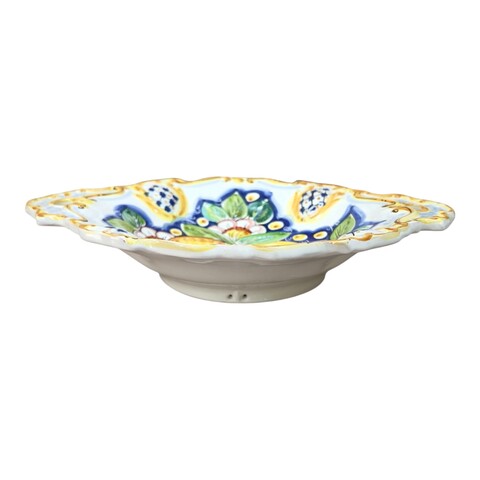 Centrotavola barocco con manici in ceramica siciliana decoro blu con limoni Produzione artigianale di Caltagirone Lunghezza 37cm