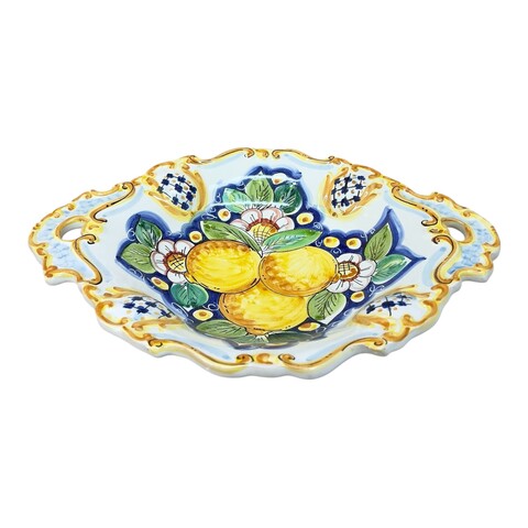 Centrotavola barocco con manici in ceramica siciliana decoro blu con limoni Produzione artigianale di Caltagirone Lunghezza 37cm