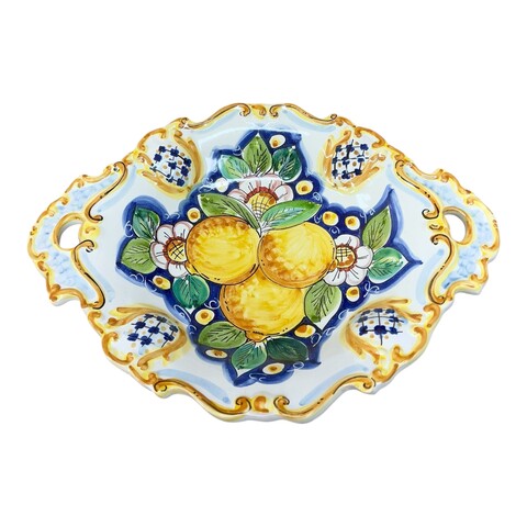 Centrotavola barocco con manici in ceramica siciliana decoro blu con limoni Produzione artigianale di Caltagirone Lunghezza 37cm