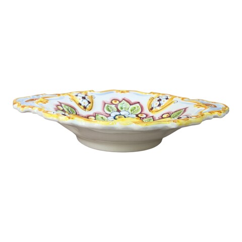 Centrotavola barocco con manici in ceramica siciliana decoro bordeaux con limoni Produzione artigianale di Caltagirone Lunghezza 37cm