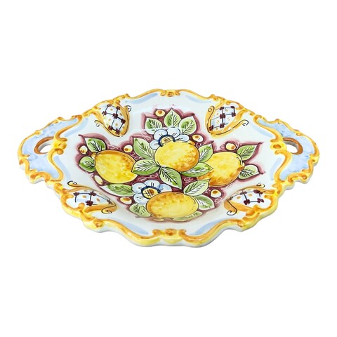 Centrotavola barocco con manici in ceramica siciliana decoro bordeaux con limoni Produzione artigianale di Caltagirone Lunghezza 37cm