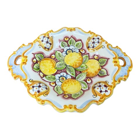 Centrotavola barocco con manici in ceramica siciliana decoro bordeaux con limoni Produzione artigianale di Caltagirone Lunghezza 37cm