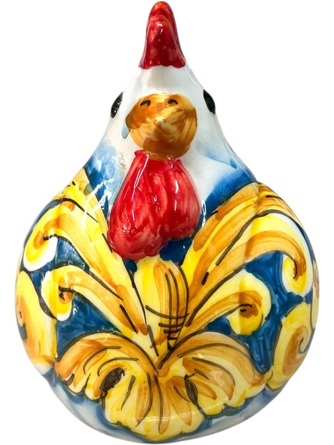 Gallina ornamentale in ceramica siciliana decoro barocco giallo fondo blu Produzione artigianale di Santo Stefano di Camastra h.16