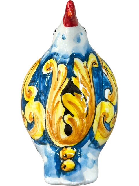 Gallina ornamentale in ceramica siciliana decoro barocco giallo fondo blu Produzione artigianale di Santo Stefano di Camastra h.16