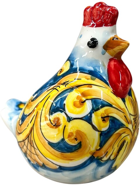 Gallina ornamentale in ceramica siciliana decoro barocco giallo fondo blu Produzione artigianale di Santo Stefano di Camastra h.16