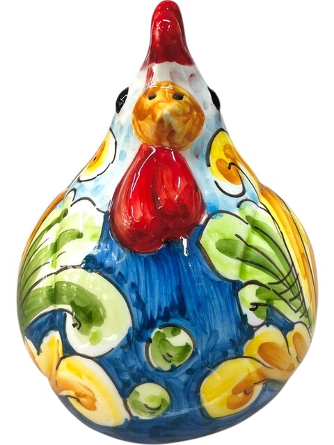 Gallina ornamentale in ceramica siciliana decoro floreale fondo blu Produzione artigianale di Santo Stefano di Camastra h.16