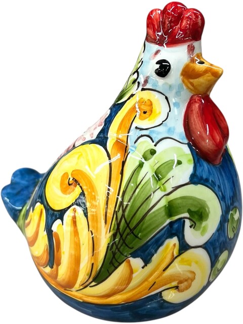 Gallina ornamentale in ceramica siciliana decoro floreale fondo blu Produzione artigianale di Santo Stefano di Camastra h.16