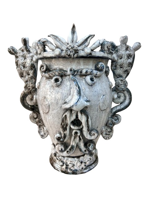 Testa di moro vaso Sikano collezione I Miti con fichi d'india decoro grigio effetto marmo Produzione artigianale di Santo Stefano di Camastra h.40cm