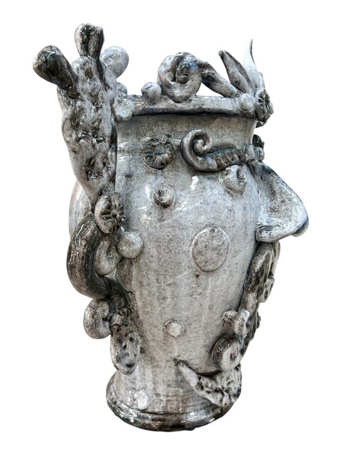 Testa di moro vaso Sikano collezione I Miti con fichi d'india decoro grigio effetto marmo Produzione artigianale di Santo Stefano di Camastra h.40cm