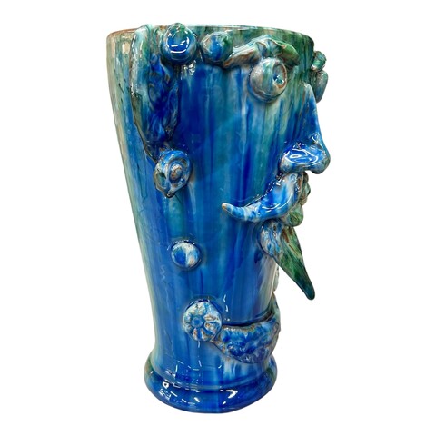 Testa di Moro collezione I Miti vaso Sikano decoro blu e verde acqua Produzione artigianale di Santo Stefano di Camastra h.28cm