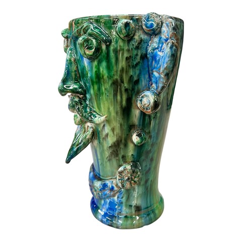 Testa di Moro collezione I Miti vaso Sikano decoro blu e verde acqua Produzione artigianale di Santo Stefano di Camastra h.28cm