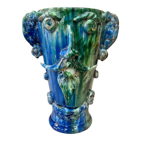 Testa di Moro collezione I Miti vaso Sikano decoro blu e verde acqua Produzione artigianale di Santo Stefano di Camastra h.28cm