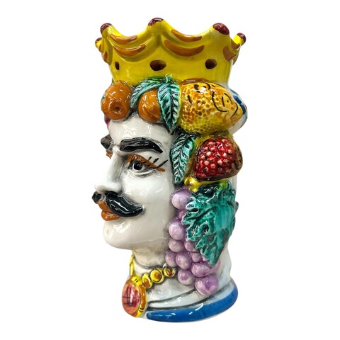 Teste di moro con frutta e corona decorate modello classico Produzione artigianale di Caltagirone h.20cm