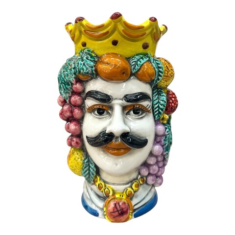 Teste di moro con frutta e corona decorate modello classico Produzione artigianale di Caltagirone h.20cm