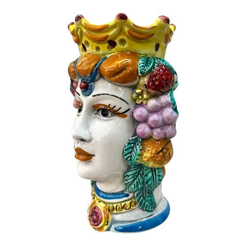 Teste di moro con frutta e corona decorate modello classico Produzione artigianale di Caltagirone h.20cm