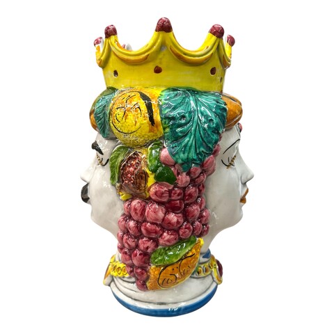Testa di moro modello Giano bifronte decoro con frutta e corona decorata Produzione artigianale di Caltagirone h.25cm