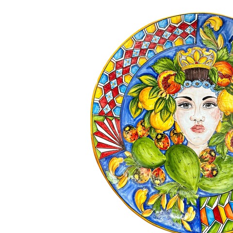 Piatto ornamentale da parete in ceramica siciliana decoro Regina con frutta siciliana Produzione artigianale di Santo Stefano di Camastra Diametro 57cm