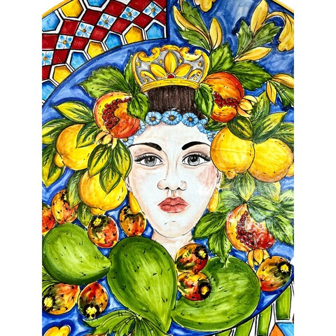 Piatto ornamentale da parete in ceramica siciliana decoro Regina con frutta siciliana Produzione artigianale di Santo Stefano di Camastra Diametro 57cm