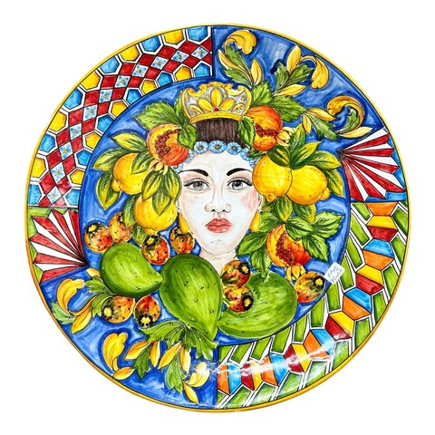 Piatto ornamentale da parete in ceramica siciliana decoro Regina con frutta siciliana Produzione artigianale di Santo Stefano di Camastra Diametro 57cm