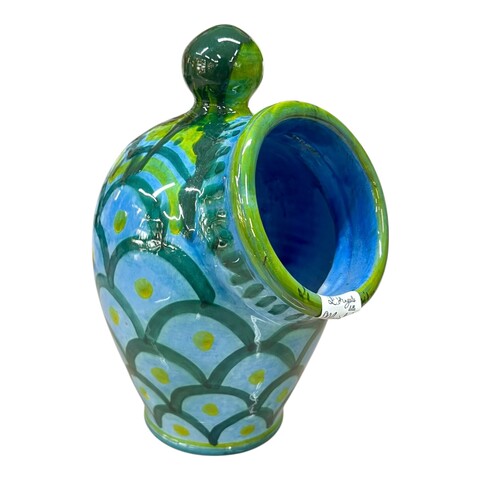 Saliera a salvadanaio in ceramica siciliana decoro kaleido verde, blu e giallo Produzione artigianale di Santo Stefano di Camastra h.20cm