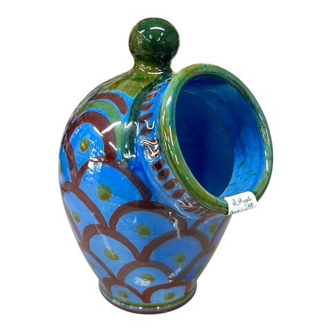 Saliera a salvadanaio in ceramica siciliana decoro Kaleido blu, verde e rosso Produzione artigianale di Santo Stefano di Camastra h.20cm