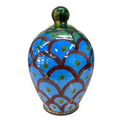 Saliera a salvadanaio in ceramica siciliana decoro Kaleido blu, verde e rosso Produzione artigianale di Santo Stefano di Camastra h.20cm