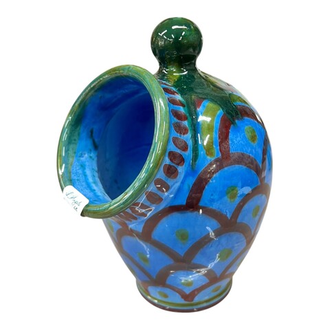 Saliera a salvadanaio in ceramica siciliana decoro Kaleido blu, verde e rosso Produzione artigianale di Santo Stefano di Camastra h.20cm
