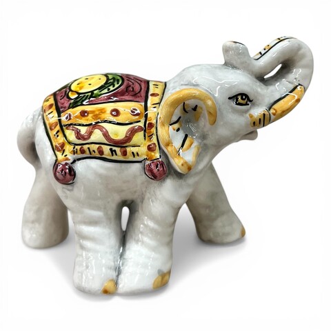 Elefante portafortuna in ceramica siciliana decoro bordeaux con limoni Produzione artigianale di Catania lunghezza 15cm