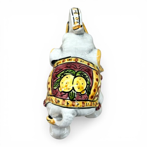 Elefante portafortuna in ceramica siciliana decoro bordeaux con limoni Produzione artigianale di Catania lunghezza 15cm
