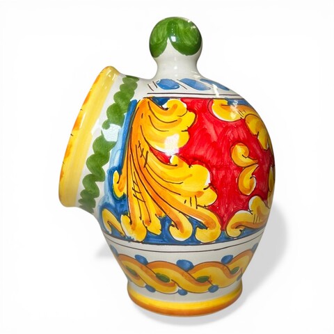 Saliera a salvadanaio in ceramica siciliana decoro barocco giallo fondo rosso e blu Produzione artigianale di Santo Stefano di Camastra h.20 cm