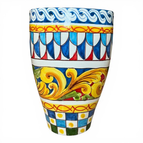Vaso schiacciato in ceramica siciliana decoro carretto e barocco Produzione artigianale di Santo Stefano di Camastra h.25cm