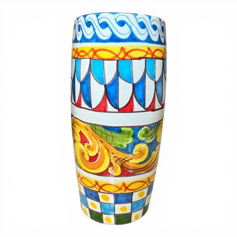 Vaso schiacciato in ceramica siciliana decoro carretto e barocco Produzione artigianale di Santo Stefano di Camastra h.25cm
