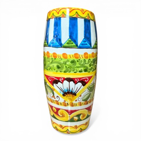 Vaso schiacciato in ceramica siciliana decoro carretto con limoni Produzione artigianale di Santo Stefano di Camastra h.30cm