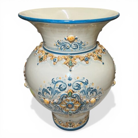 Porta ombrelli panciuto in ceramica siciliana decoro plastico blu e arancio Produzione artigianale di Caltagirone h.50cm