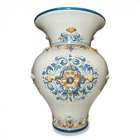 Porta ombrelli panciuto in ceramica siciliana decoro plastico blu e arancio Produzione artigianale di Caltagirone h.50cm