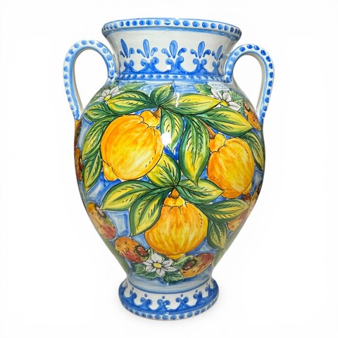 Vaso gerla da parete forma giara con manici in ceramica siciliana decoro limoni e fichi d'india Produzione artigianale di Santo Stefano di Camastra h.35cm