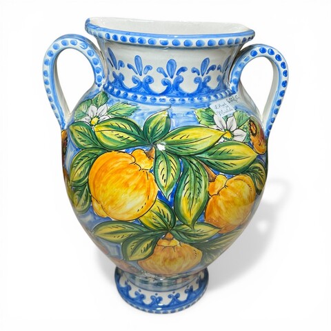 Vaso gerla da parete forma giara con manici in ceramica siciliana decoro limoni e fichi d'india Produzione artigianale di Santo Stefano di Camastra h.35cm