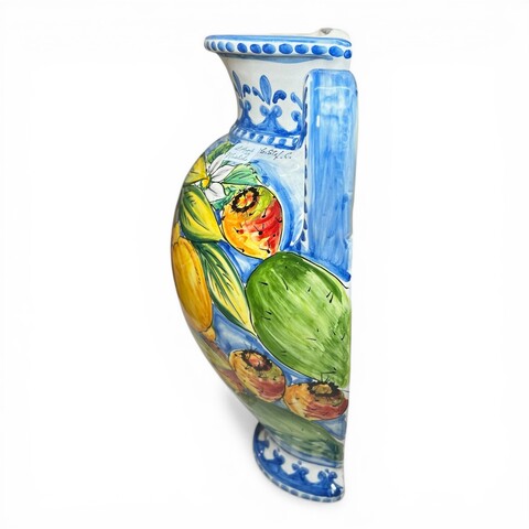 Vaso gerla da parete forma giara con manici in ceramica siciliana decoro limoni e fichi d'india Produzione artigianale di Santo Stefano di Camastra h.35cm