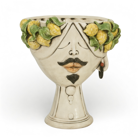 Testa di moro modello Zahira uomo con limoni decoro fumé madreperla Produzione artigianale di Caltagirone h.30cm