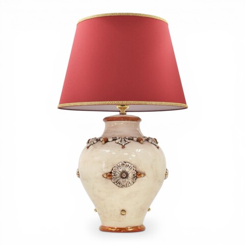 Lume palla in ceramica siciliana antichizzato con oro e lustri decoro madreperla Produzione artigianale di Caltagirone h.65cm