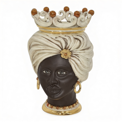Testa di moro modello Tuareg donna viso nero opaco con corona dettagli in oro e lustri madreperla Produzione artigianale di Caltagirone h.20cm