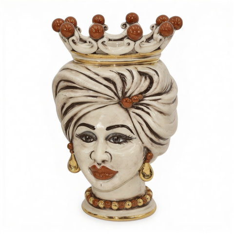 Testa di moro modello Tuareg donna con corona dettagli in oro e lustri madreperla antichizzato Produzione artigianale di Caltagirone h.20cm