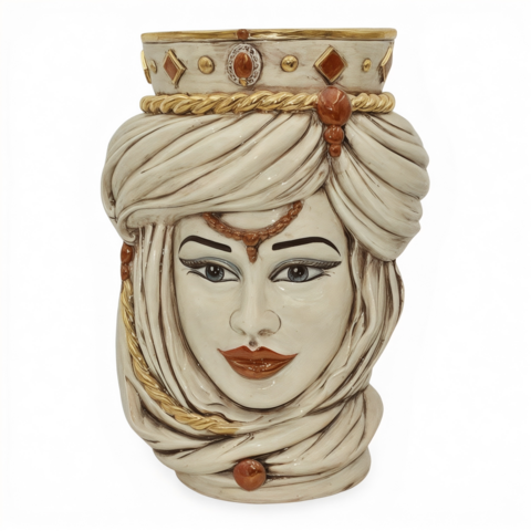Testa di moro modello Tuareg donna con corona dettagli in oro e lustri madreperla antichizzato Produzione artigianale di Caltagirone h.40cm