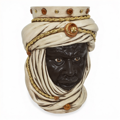 Testa di moro modello Tuareg uomo viso nero opaco corona dettagli in oro e lustri madreperla fumé Produzione artigianale di Caltagirone h.40cm