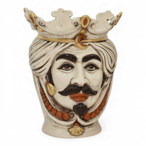 Testa di moro uomo con perline e corona in ceramica siciliana dettagli oro e lustrini madreperla Produzione artigianale di Caltagirone h.25cm