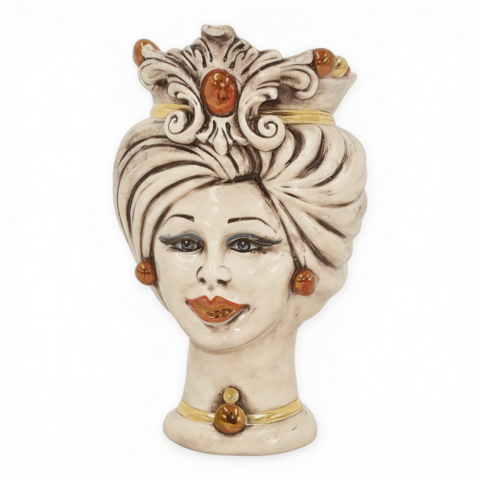Testa di moro modello Tuareg donna con corona dettagli in oro e lustri madreperla antichizzato Produzione artigianale di Caltagirone h.16cm