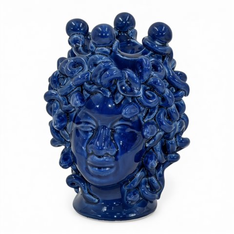 Testa di moro collezione I Miti modello Medusa monocolore blu marino Produzione artigianale di Caltagirone h.20cm