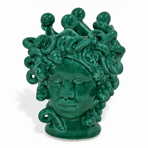 Testa di moro collezione I Miti modello Medusa monocolore verde smeraldo Produzione artigianale di Caltagirone h.15cm