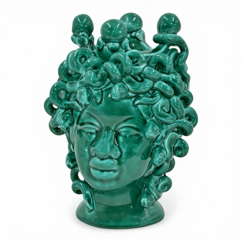 Testa di moro collezione I Miti modello Medusa monocolore verde smeraldo Produzione artigianale di Caltagirone h.20cm