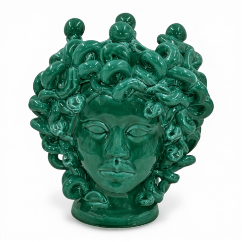 Testa di moro collezione I Miti modello Medusa monocolore verde smeraldo Produzione artigianale di Caltagirone h.28cm